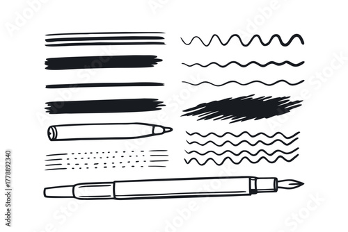 Hand drawn brush strokes and pen sketch elements