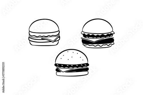 Three stylized hamburger drawings with cheese and buns