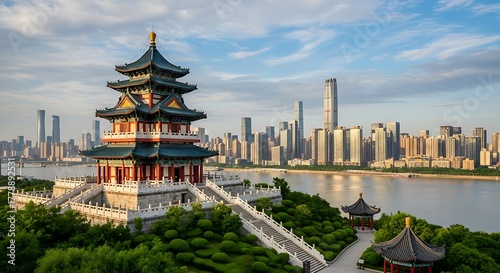 Tengwang pavilion in nanchang, china, with modern city skyline view