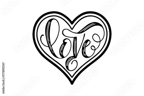 Elegant Script Word Love Inside Heart Shape Outline