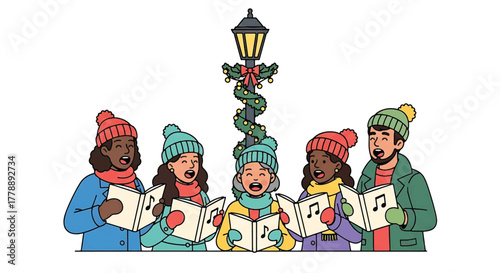 Diverse group of people wearing winter hats and scarves singing carols from songbooks under a decorated street lamp.