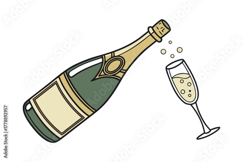 Champagne bottle pouring bubbly liquid into elegant glass