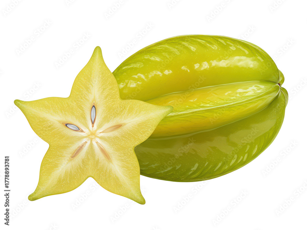 Fototapeta premium Ripe yellow star fruit cut in half showing seeds and texture
