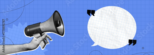 Trendy Halftone Collage Hand holds Megaphone with  empty speech bubble. Message and quote symbols. Social media communication and adverting. Online news. Contemporary vector illustration art