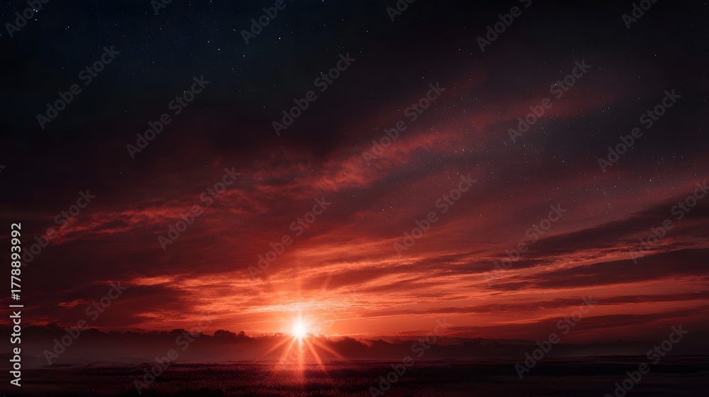 Obraz premium A dramatic celestial scene featuring a brilliant sunburst with light rays illuminating crimson clouds and stars above a dark misty horizon
