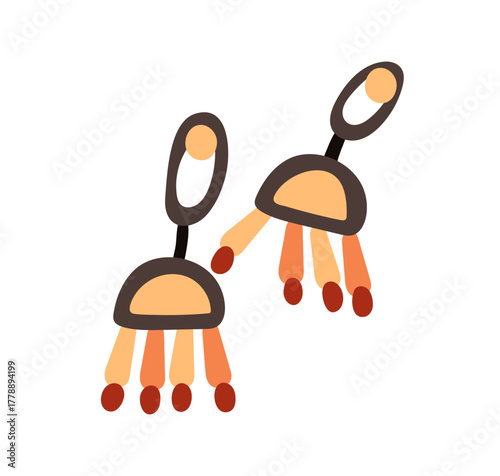 Earrings pair, jewelry accessory in modern boho ethnic style. Handmade adornment with beads and dangle, chic fashion decoration, jewellery. Flat vector illustration isolated on white background