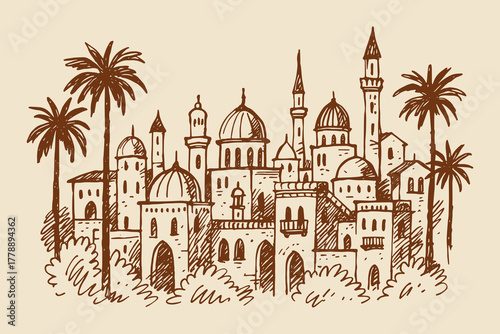 Middle Eastern city skyline, hand drawn sketch vector illustration