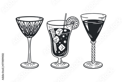 Three drinks in stylized glasses with ice and garnish
