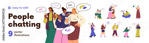 People chatting on mobile phones set. Men, women, kids holding smartphones in hands, texting, messaging on the go. Characters using cellphones. Flat vector illustrations isolated on white background