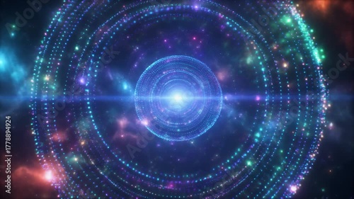 Abstract digital energy glowing sphere of moving particles and shiny clouds. Blue orb ball 