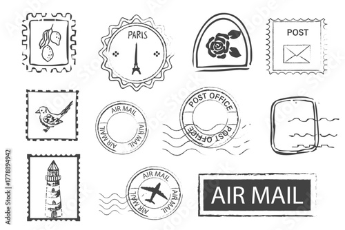 Stamp retro postage seal, postmark with decor, doodle vintage decoration for scrapbook. Air mail tourism travel postcard.