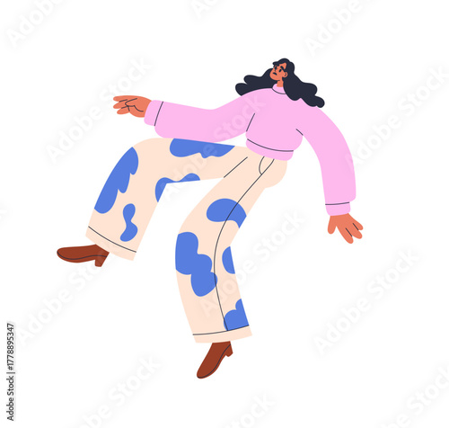 Falling woman. Clumsy frightened female slipping down, unexpected motion, accident, emergency, failure. Afraid person falls in fear, panic. Flat vector illustration isolated on white background