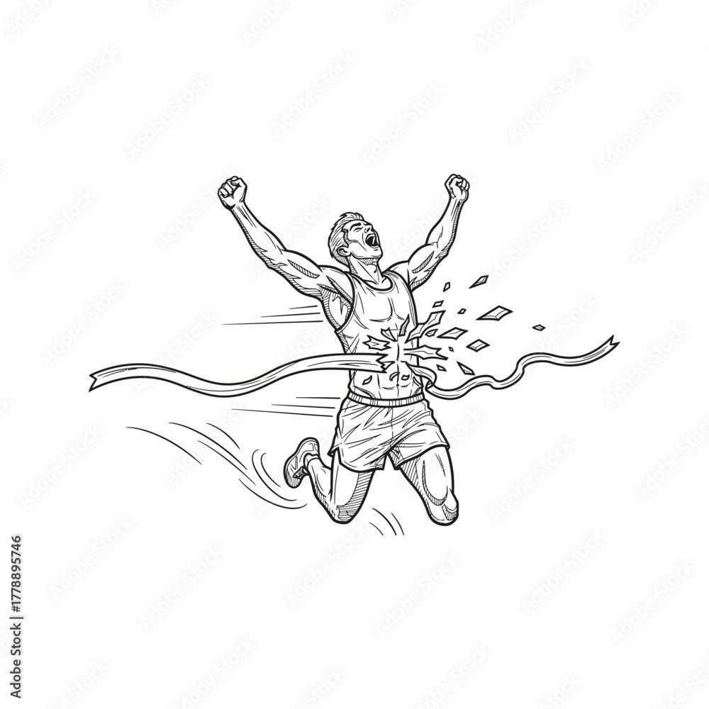 Fototapeta premium Athlete breaks through finish line ribbon with explosive energy and triumphant celebration