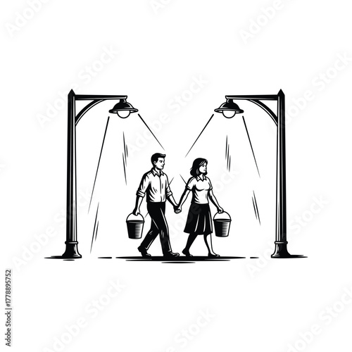 Couple walking hand in hand carrying buckets under streetlights in a stylized black and white illustration
