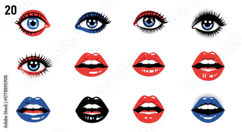 Collection of pop art style eyes and lips in vibrant colors, offering a bold aesthetic appeal
