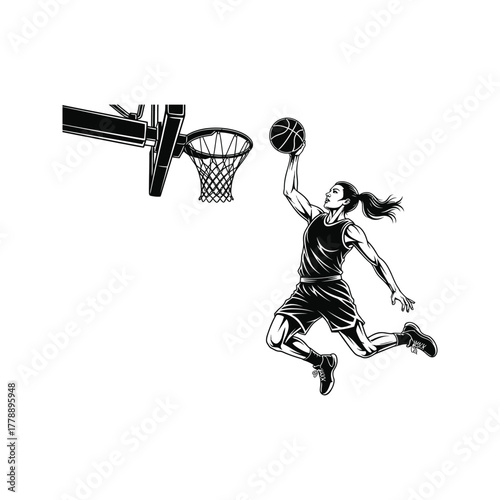 Dynamic black and white illustration of a female basketball player in mid air dunking the ball into the hoop