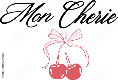 bow bows Paris coquette romantic mon cherie pink satin girl girly satin embroidery romantique fashion style pink girly t-shirt design Slogan Logo Graphic Vector Tee shirt apparel ribbon ribbons 