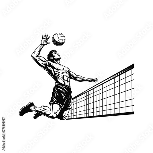 Dynamic black and white illustration of a muscular male volleyball player spiking the ball over the net