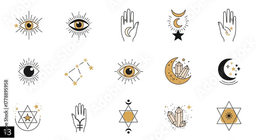 Mystical celestial elements collection: eyes, hands, moon, stars and magical crystals set