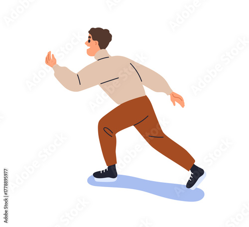 Man skating on ice rink. Winter sport activity. Happy skater running, gliding...
