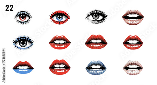 Stylized Eyes and Lips Collage: A Modern Take on Retro Beauty Aesthetics and Expression