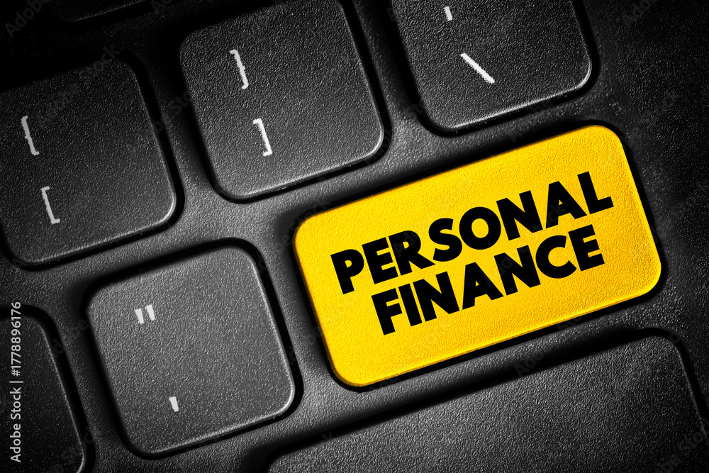Naklejka premium Personal Finance - term that covers managing your money as well as saving and investing, text button on keyboard, concept background
