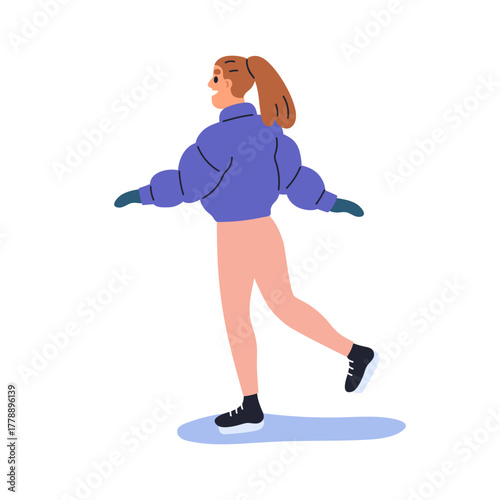 Happy girl skating on ice rink on winter holiday. Woman skater smiling, sliding on skates, profile. Young female during sport activity, leisure. Flat vector illustration isolated on white background