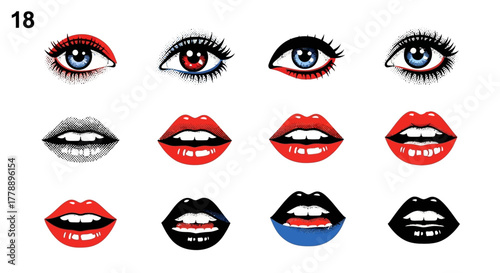Expressive graphic composition featuring stylized eyes and lips in vibrant colors and halftone