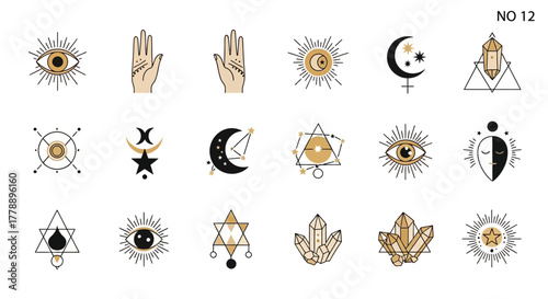 Collection of esoteric mystical and occult symbols illustration set isolated and arranged on a