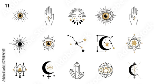 Celestial and Mystical Graphic Elements Collection: Eyes, Stars, Moons and Hands vector elements
