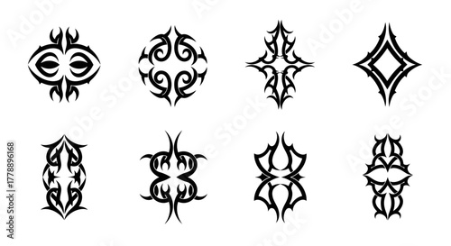Ornate symmetrical tattoo designs collection conveying a sense of primal art and tribal aesthetics
