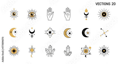 Collection of mystical symbols vector design illustrations featuring celestial elements and