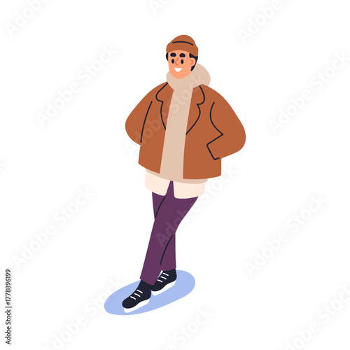 Happy man standing on ice rink. Person on skates, standing, resting during wi...