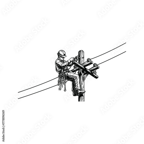 Lineman working on utility pole connecting power lines with safety harness and tools