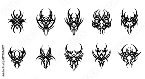 Collection of ten distinct tribal tattoo designs exhibiting varied symmetrical patterns perfect