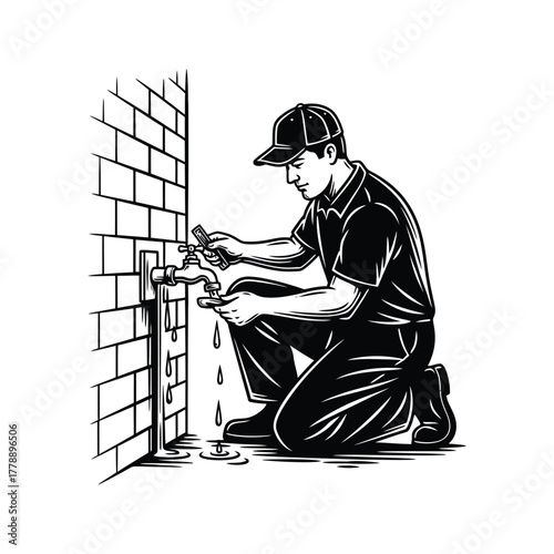 Plumber wearing a cap and uniform kneeling to fix a leaking faucet on a brick wall with water dripping