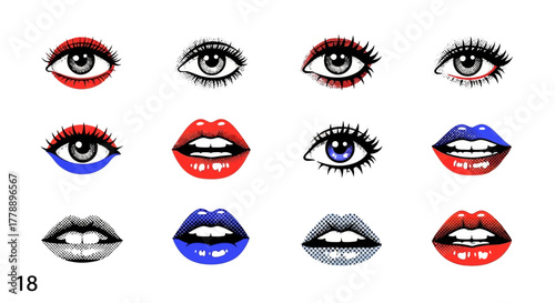 Eye and Lip Art Composition in Bold Colors and Various Stylistic Renderings
