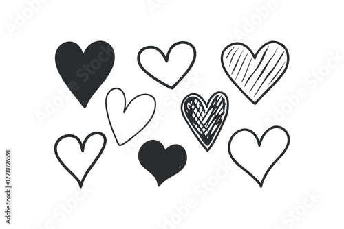 Collection of Hand Drawn Hearts on White Background
