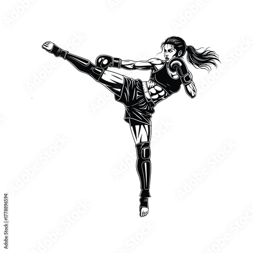 Powerful female fighter in black and white executing a high kick with boxing gloves and athletic attire