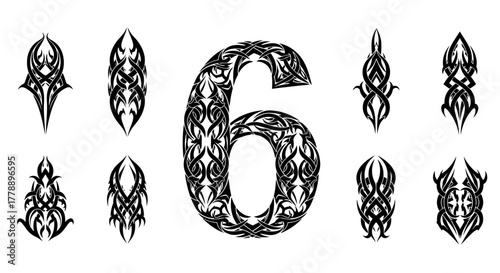 Intricate number six surrounded by abstract decorative tribal elements on white background
