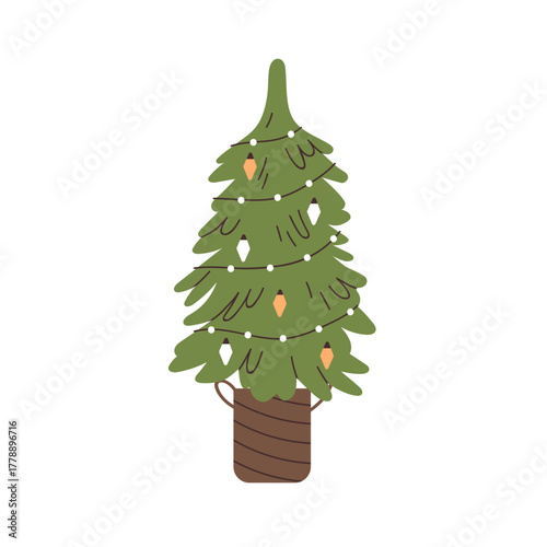 Christmas tree decorated with retro ornaments, light garland for New Year holiday. Xmas fir in pot, basket with vintage baubles, decorations. Flat vector illustration isolated on white background