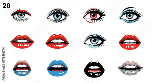 Illustrative visage expressions collage with focus on graphic eyes and lips variability