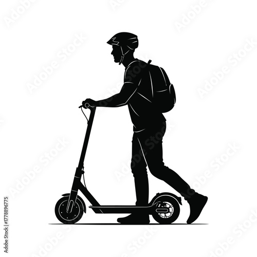 Silhouette of a man wearing a helmet and backpack riding an electric scooter on a white background