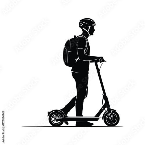 Silhouette of a person wearing a helmet and backpack riding an electric scooter on a white background