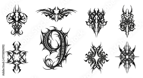 Collection of gothic tattoo designs showcasing abstract patterns and a number nine