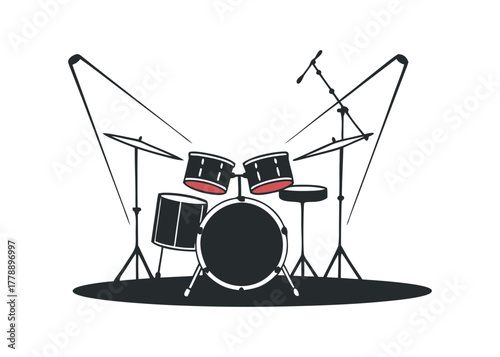 Drum kit with microphones under stage lights
