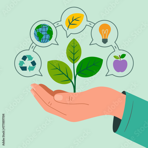 A hand gently cradles a green plant, symbolizing environmental care, while icons representing recycling, energy, and healthy living float above, emphasizing sustainability and innovation.
