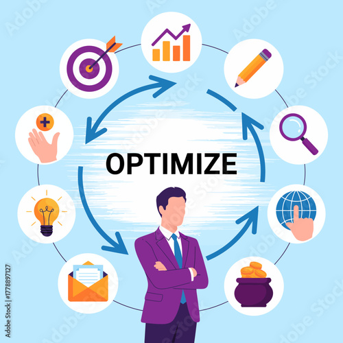 This image illustrates a professional woman optimizing business strategies with various elements, including graphs, goals, and digital tools, emphasizing efficiency and growth.