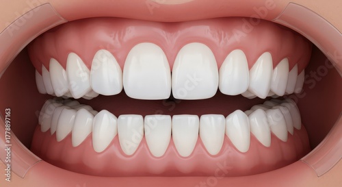 Close up view of a healthy bright white smile with perfectly aligned teeth and pink gums