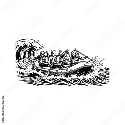 Team of adventurers paddling hard in a raft navigating rough white water river rapids and a large wave